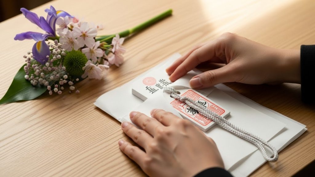 白い和紙に包まれた護符と感謝を捧げる手元