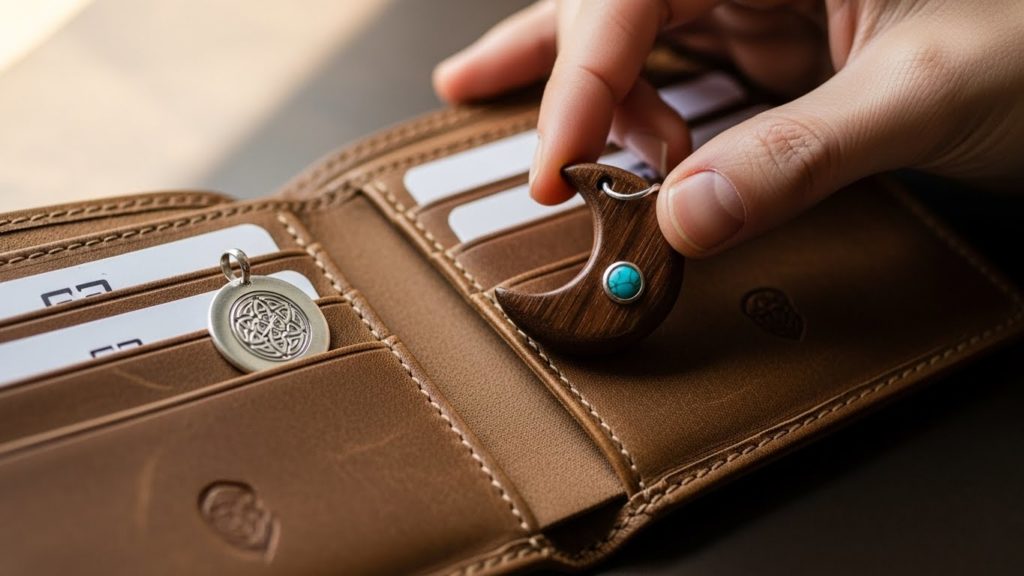 財布に2種類の護符を収めている様子