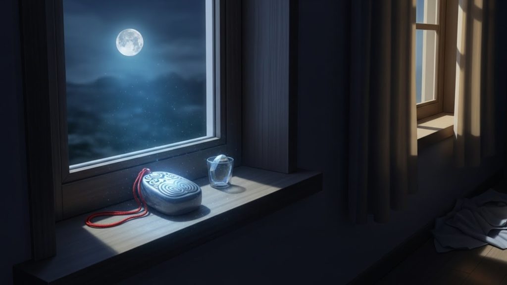 夜空に浮かぶ満月と窓辺の風景