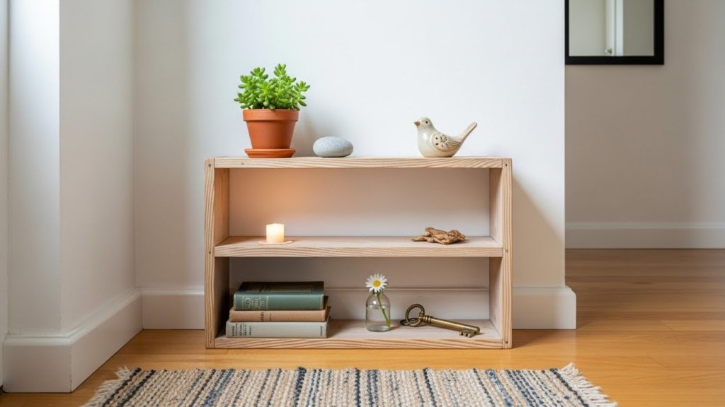 きれいに掃除された玄関とDIYで作られた飾り棚