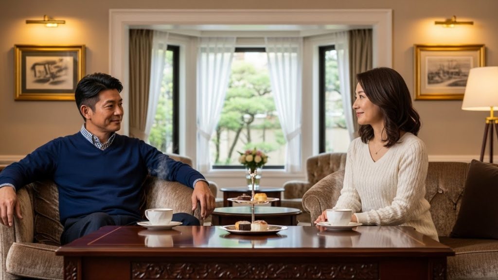 整えられた部屋で、コーヒーを飲みながらリラックスしている40代男女の様子