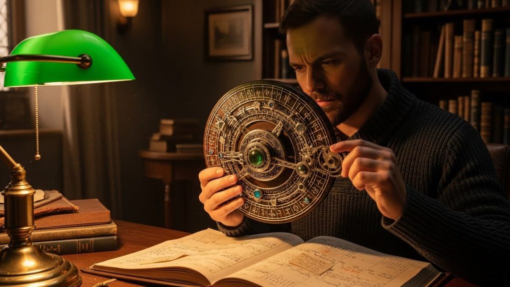 カレンダーを見ながら考え込んでいる、または古い護符を手に取って時期を確認している様子