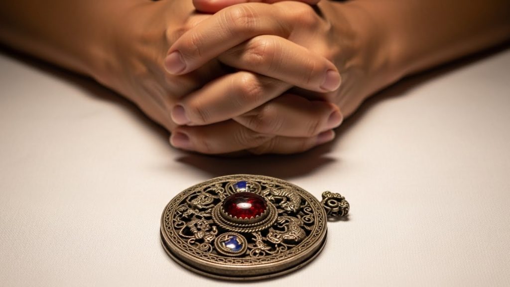 古くなった護符を白い布や紙の上に置き、手を合わせて感謝している手元のシーン