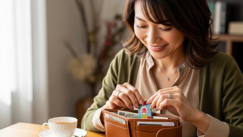 新しい護符をカバンや財布に入れ、微笑んでいる40代女性の日常シーン