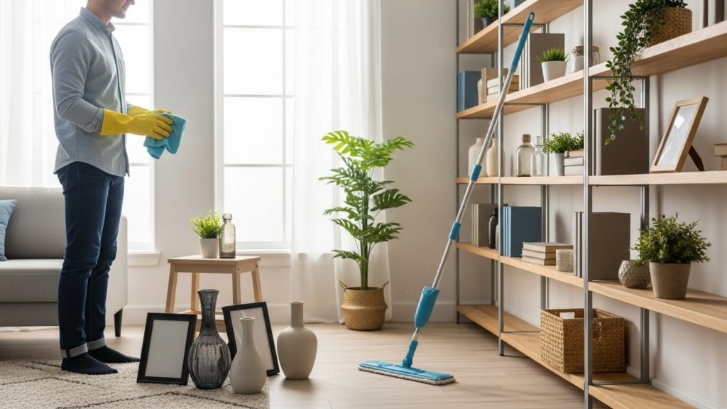 明るいリビングの棚の上をハンディモップで掃除し、整えている手元の様子