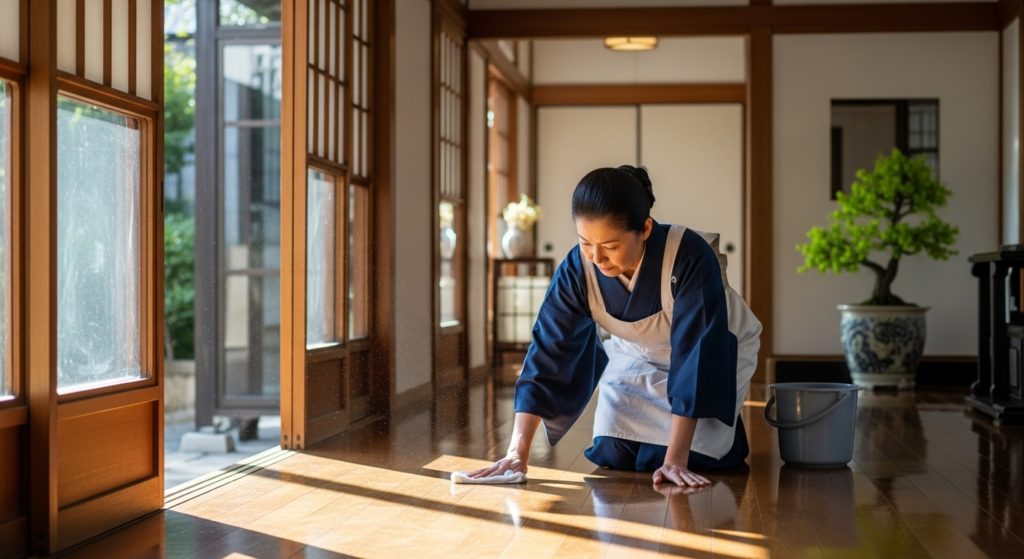 玄関のたたきを水拭きして浄化する様子