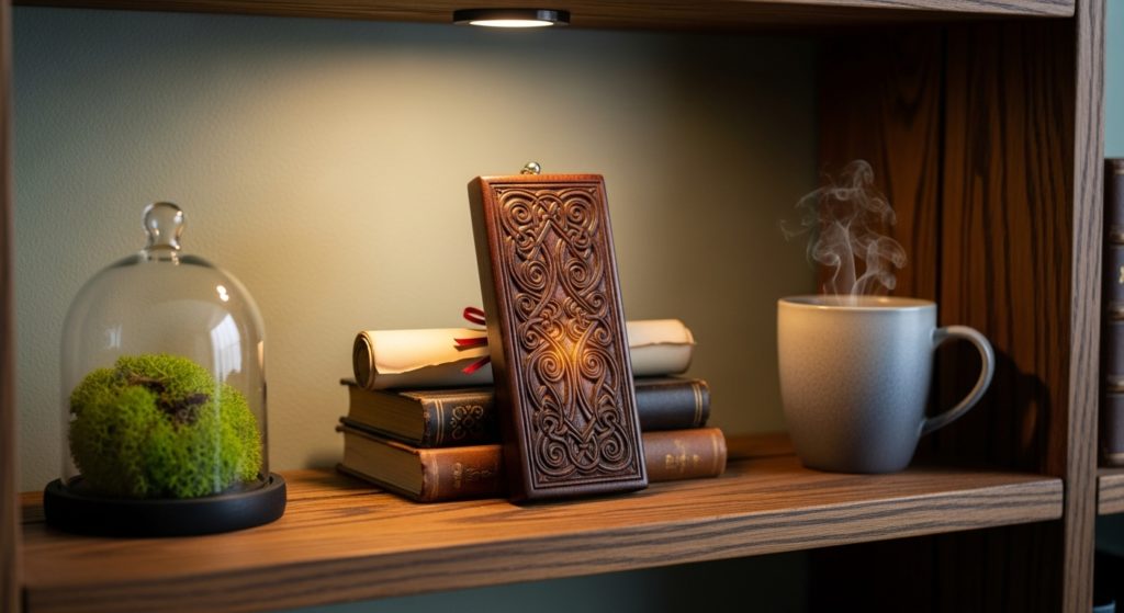 整理整頓された棚に置かれた護符