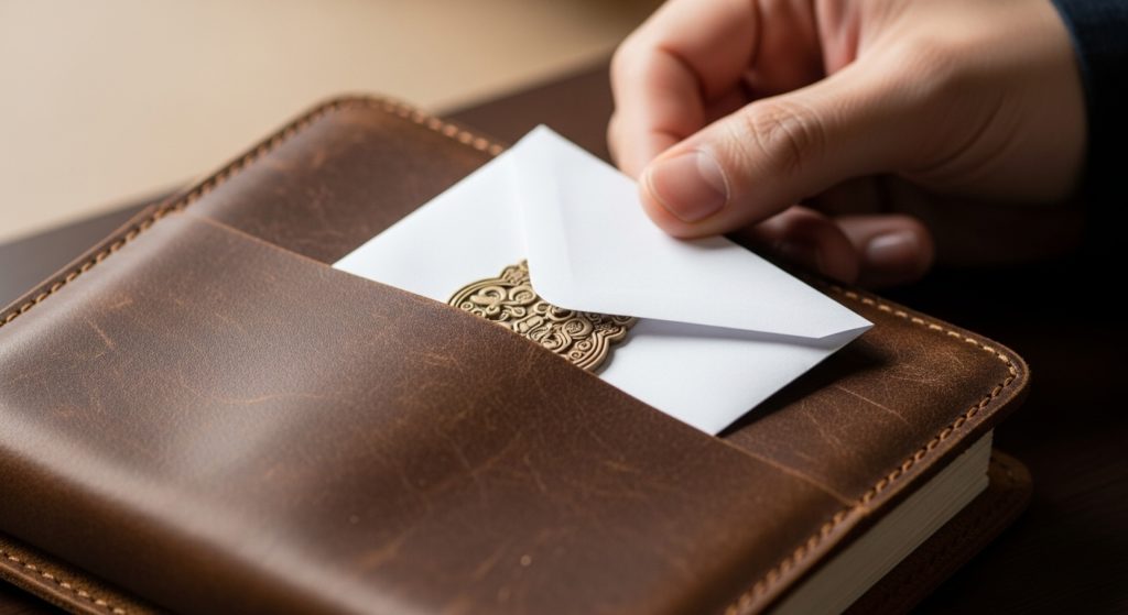 封筒に入れてスマホケースに収納する様子