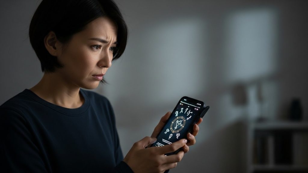 不安げな表情でスマートフォンを見つめる30代の日本人女性。背景は少し暗めの部屋。スピリチュアルなサイトを見ている様子。 