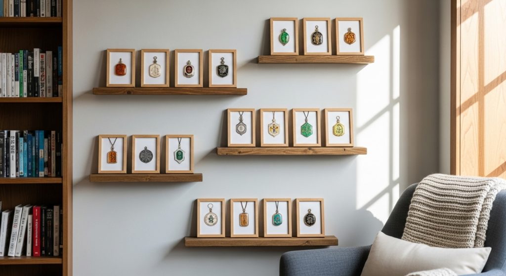 和室ではなく洋室の棚に、シンプルな木製のフォトフレームに入れて飾られた護符の様子