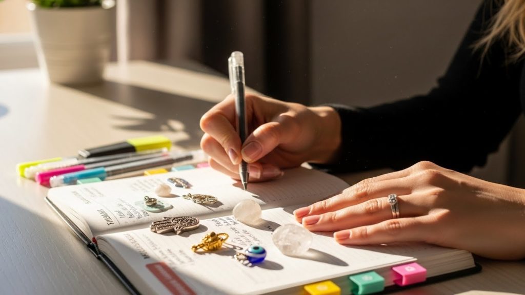 整理されたデスクで、手帳やお守りを静かに準備している手元のアップ。落ち着いた朝の光。