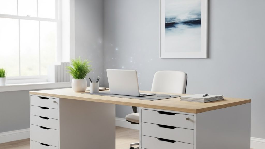 清潔感のあるオフィスで、デスクの引き出しを整理し、空間を浄化しているような清々しいイメージ。