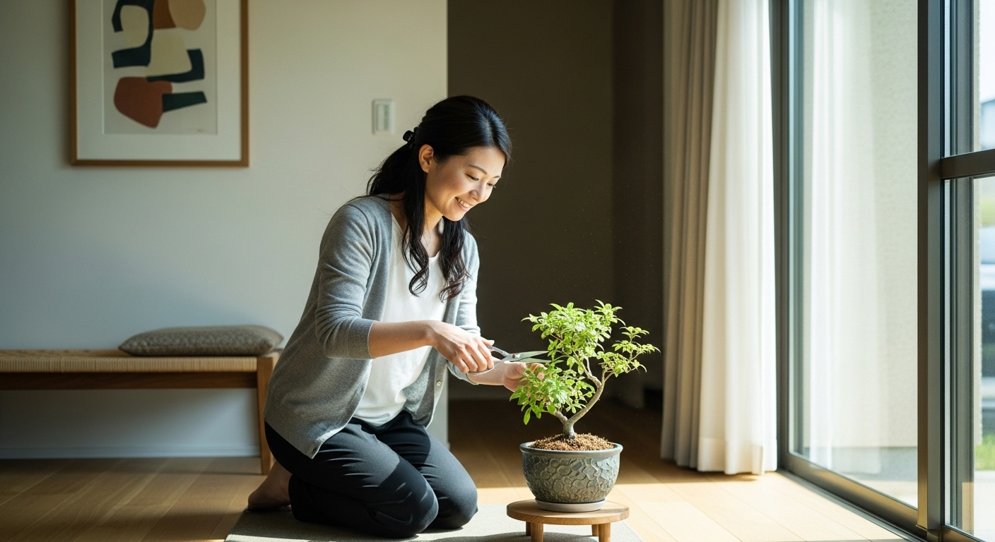 清潔で整った玄関でリラックスする女性