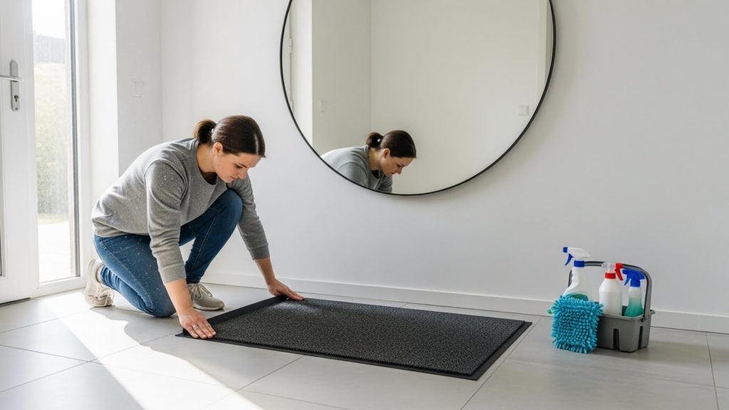 玄関マットを敷き、鏡を磨いて仕上げをしている様子