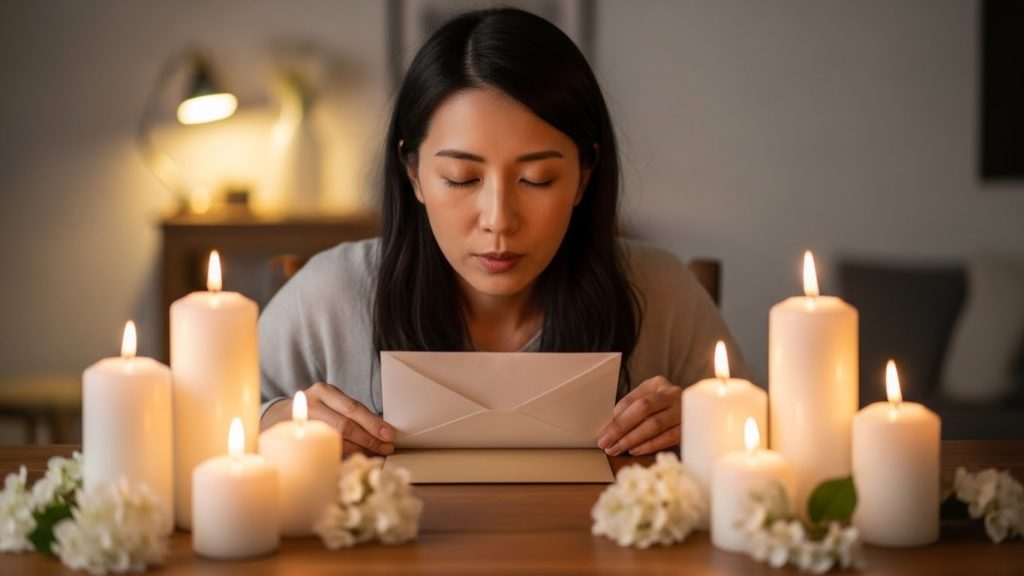 届いた護符の封筒を前に心を落ち着けている様子