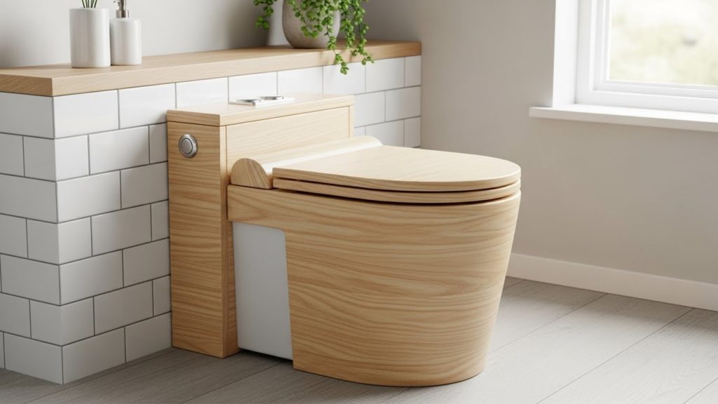 木目調のDIYでタンクレス風に改装された明るいトイレ