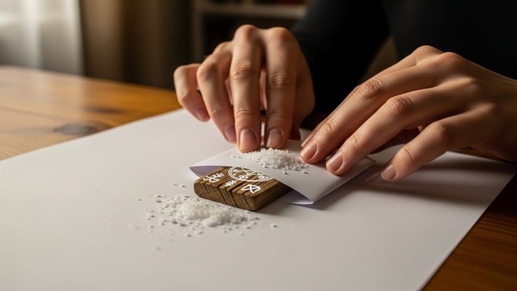 白い紙と塩で護符を清めて包む様子