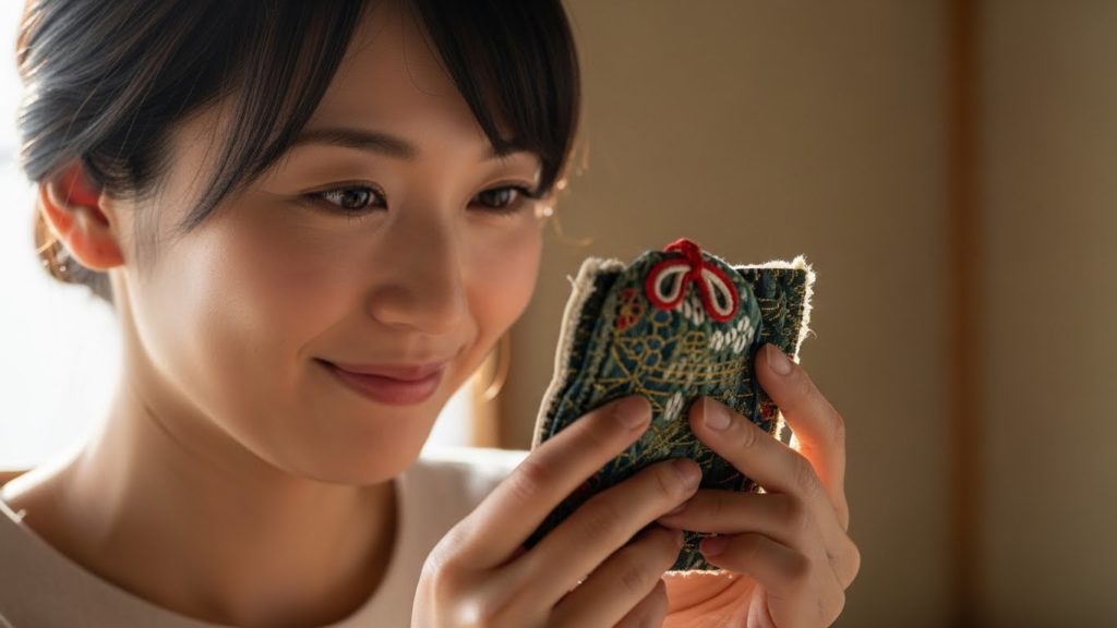 使い込まれた護符を感謝の眼差しで見つめる様子