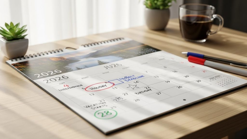 2026年のカレンダーに印をつけて計画を立てている様子