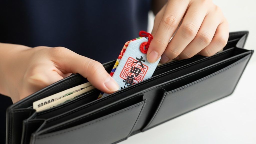 長財布の札入れ部分に丁寧に護符を入れる様子