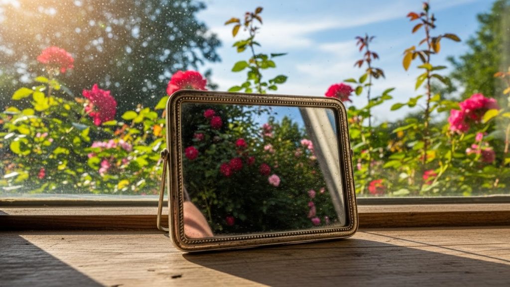 窓辺に置かれた小さな鏡、外の景色を反射している様子