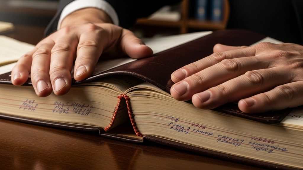 家計簿を閉じて決意を固める様子、お金の管理のイメージ