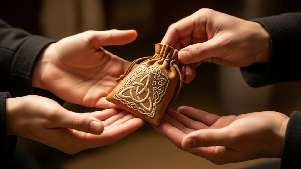 家族に優しくお守りを手渡す手元のアップ、信頼関係のイメージ