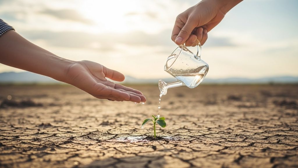 小さな芽に水をやる手元、成長と努力の象徴