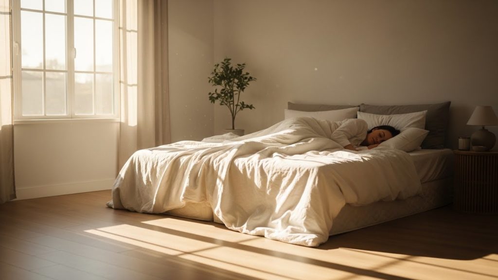 リラックスして眠る20代の日本人女性、休息のイメージ