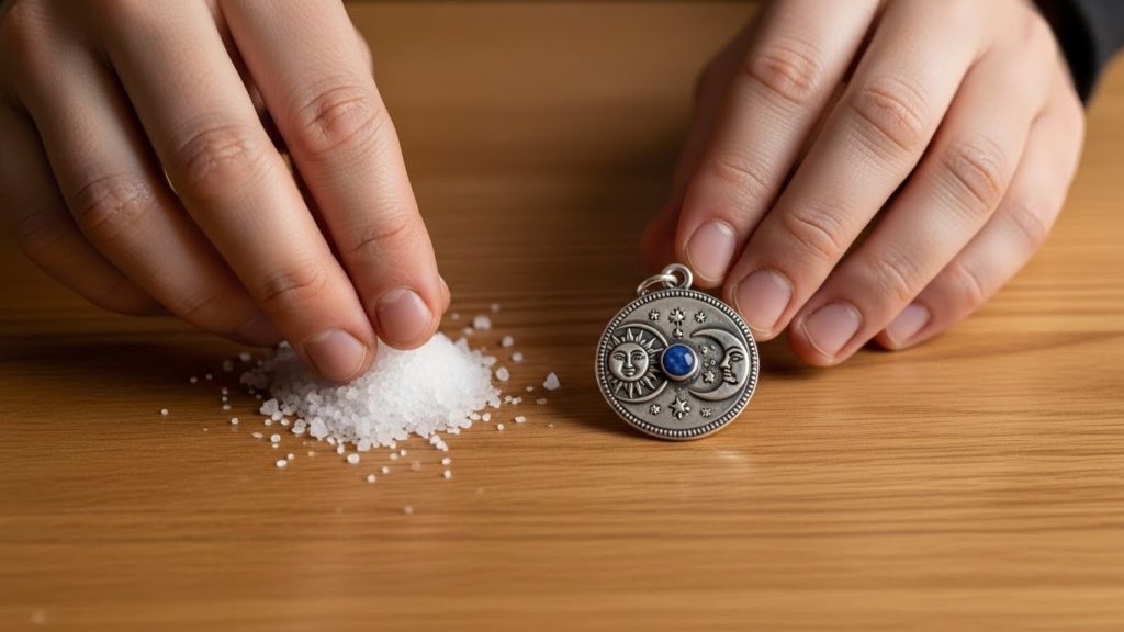 棚の上に盛り塩と護符を少し離して配置している様子