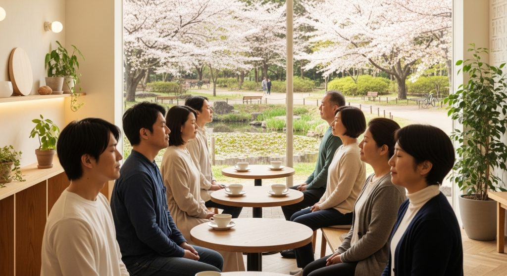 リラックスして深呼吸をしている日本人（男女）、カフェや公園などの落ち着いた場所、横顔、柔らかな光