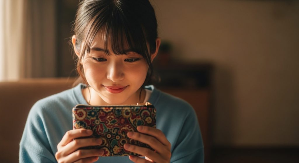 小さなポーチや財布を大切そうに持つ手元、または前向きな表情の日本人、希望を感じさせる温かい光、室内