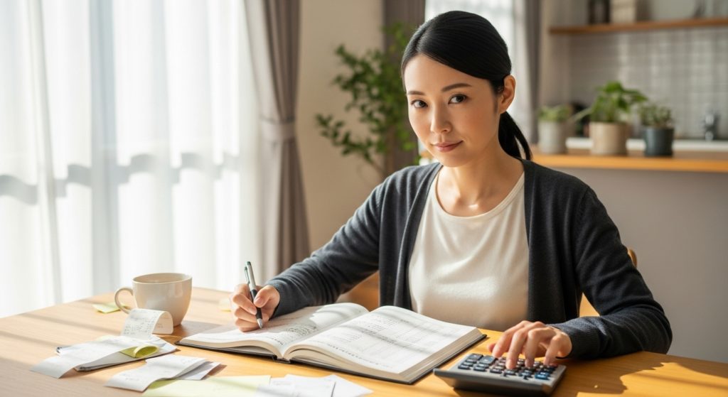 家計簿や電卓を使いながら、真剣かつ前向きな表情で計画を立てている日本人女性、室内、明るい自然光