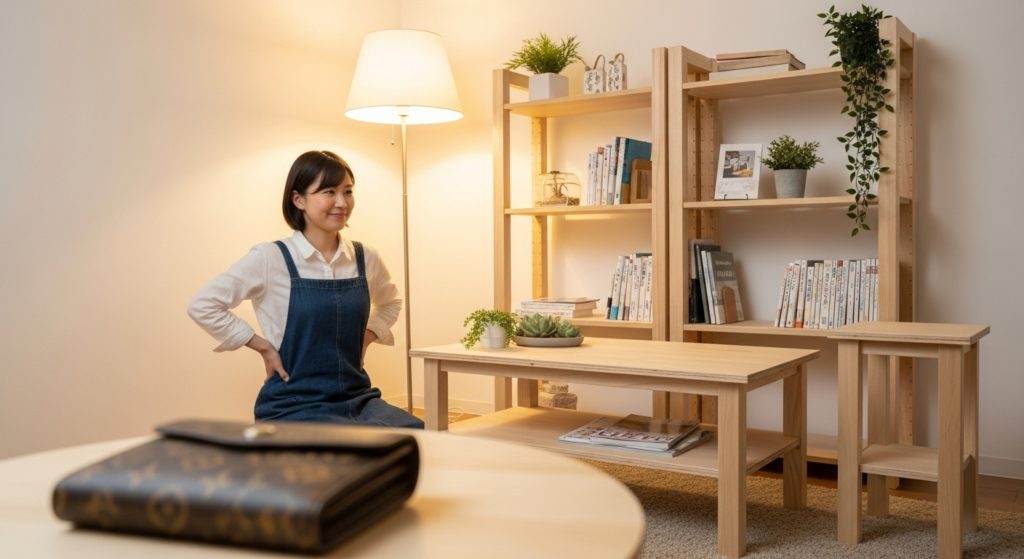 完成したDIY家具（棚やテーブルなど）を見て満足そうに微笑む日本人女性、手前にはお気に入りの財布、温かい照明