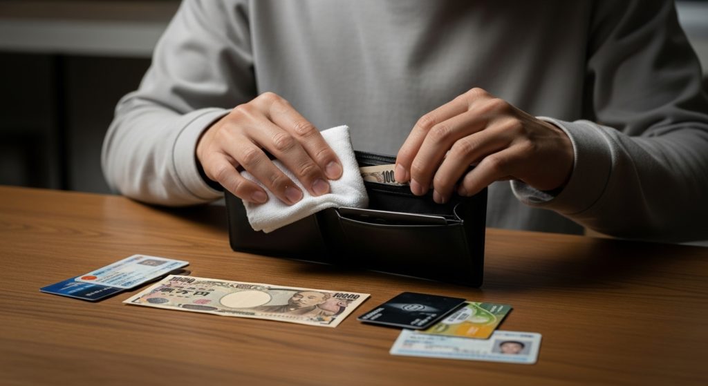 新しく買った財布の中身を整理している日本人の手元、清潔な布で拭いている様子、落ち着いた室内灯、16:9