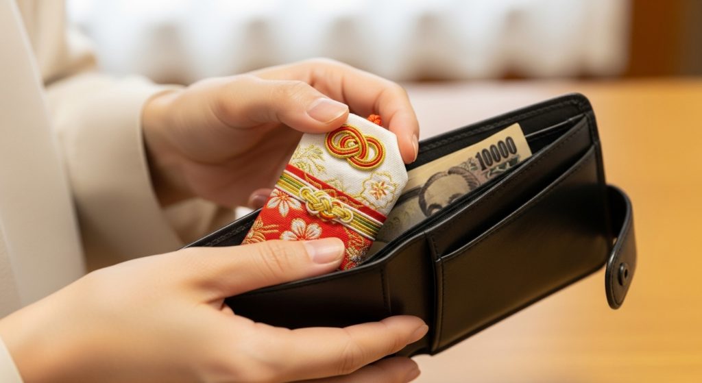 財布の中に金運護符やお守りを丁寧に入れているシーン、日本人の手元、神聖な雰囲気、16:9