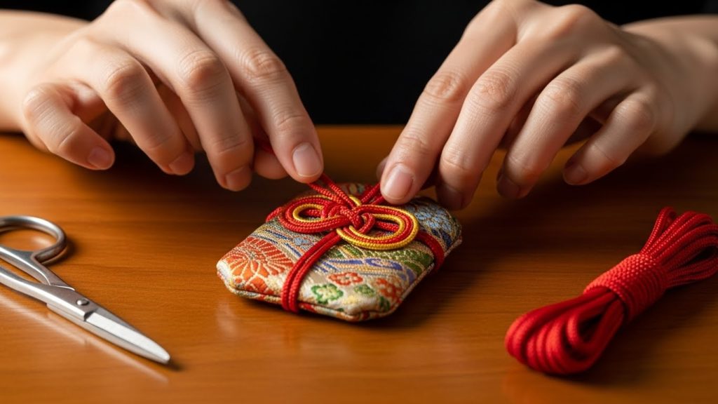 お守りの紐を丁寧に結び直そうとしている手元