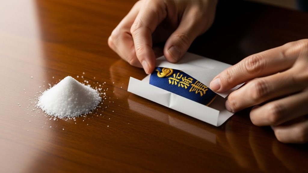 白い紙にお守りを包み、塩を添えて感謝の儀式を行う手元