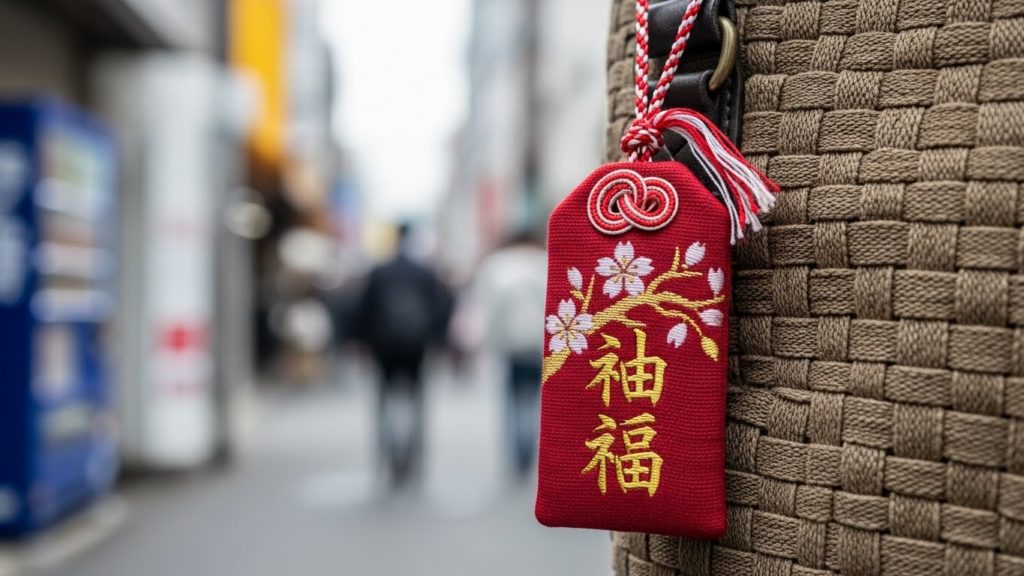 カバンにつけられ、紐が少し擦り切れて毛羽立ってきた古いお守り