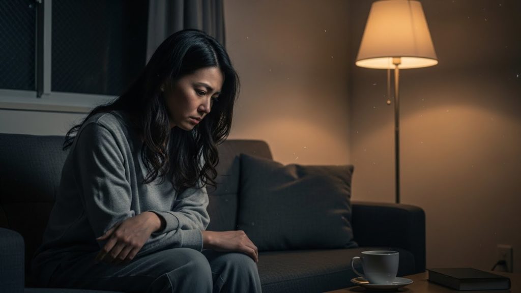 週末の夜、リビングで疲れを感じて座り込んでいる日本人女性