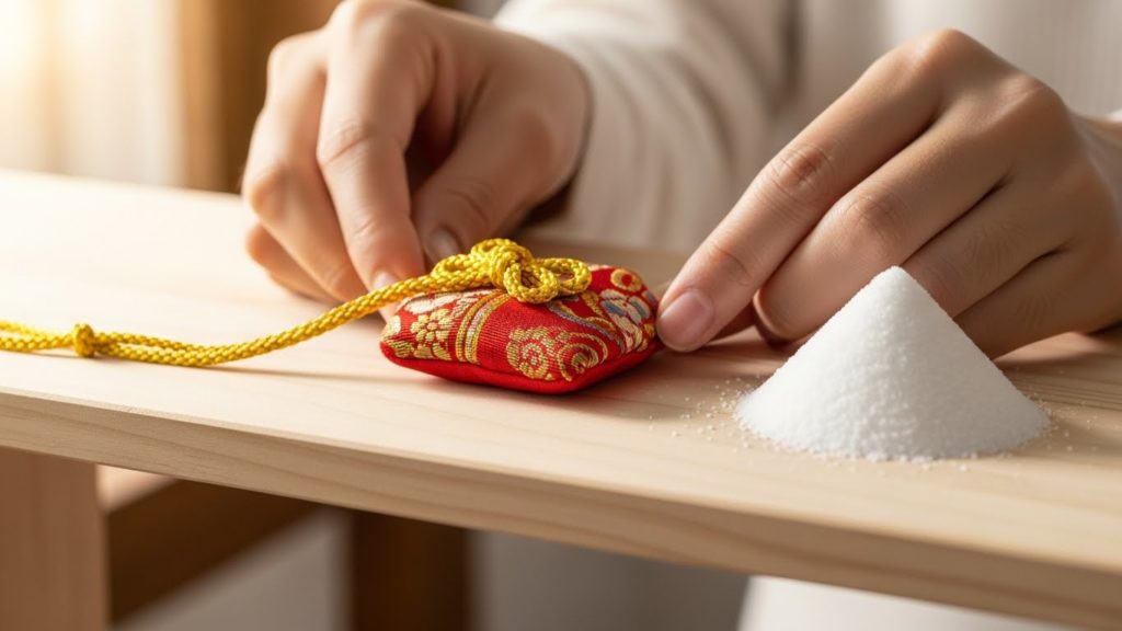 新しいお守りを清らかな棚に置き、気持ちを新たにする様子