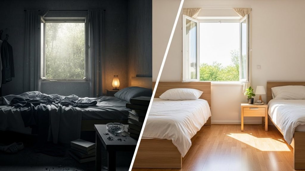 散らかった暗い部屋と、掃除後に光が差し込み整った部屋の比較