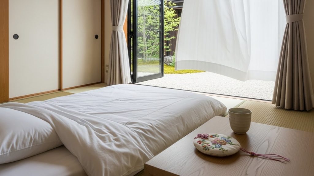 換気され整えられた寝室のサイドテーブルに大切に置かれたお守り