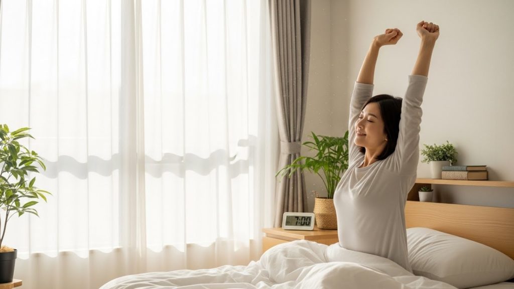 朝、目覚めて清々しい表情で伸びをする日本人女性