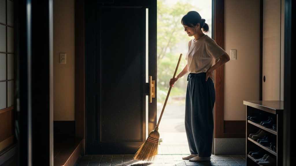 笑顔で玄関を掃除し、整った空間に満足している日本人女性
