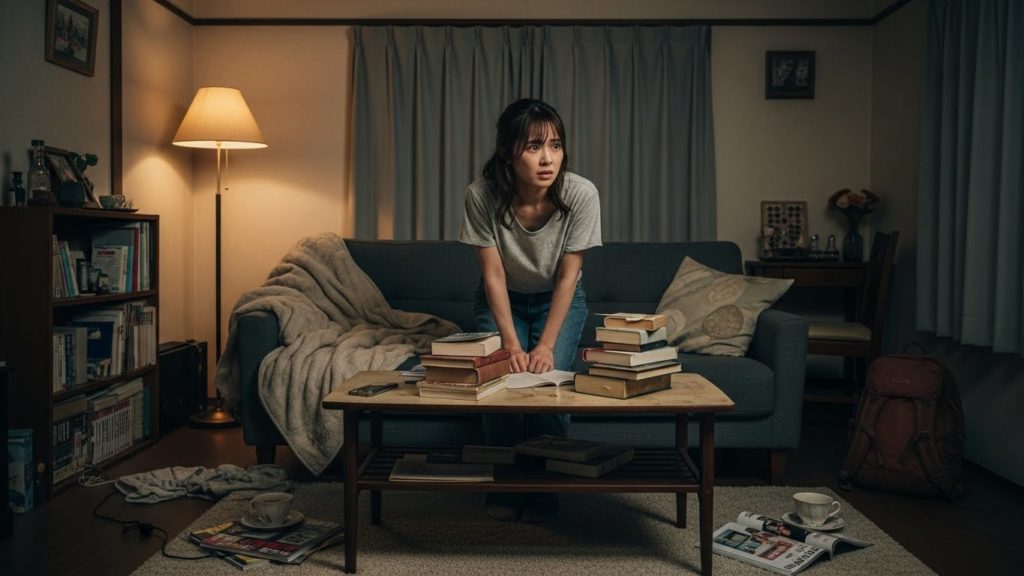 散らかった部屋で溜め息をつき、悩みを感じている日本人女性