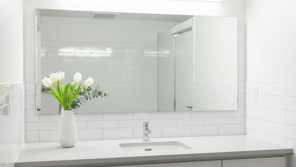 ピカピカに磨かれた鏡と花が飾られた清潔な洗面所