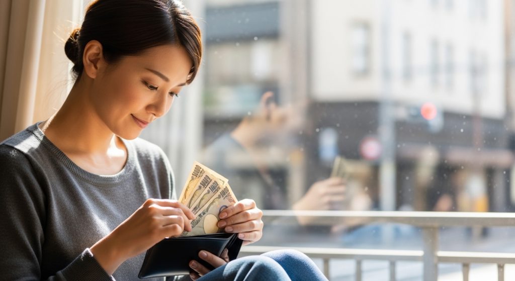 丁寧にお札を揃え、財布の環境を整えて安心感を得る女性