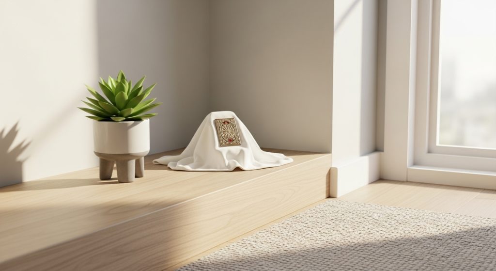 神棚がない家庭でも、リビングの高い場所に丁寧に保管された護符