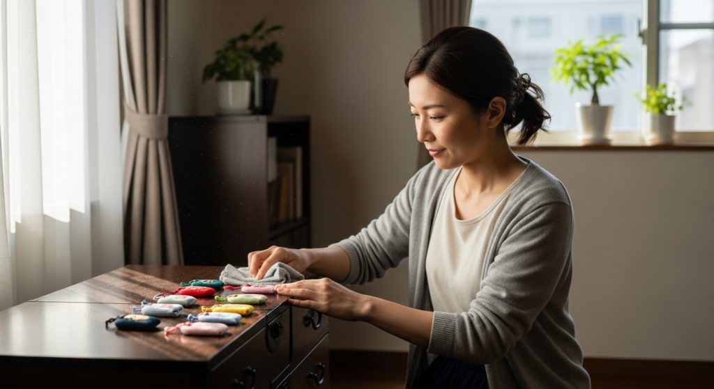 保管場所を掃除し、護符を整えることで気持ちをリフレッシュする女性